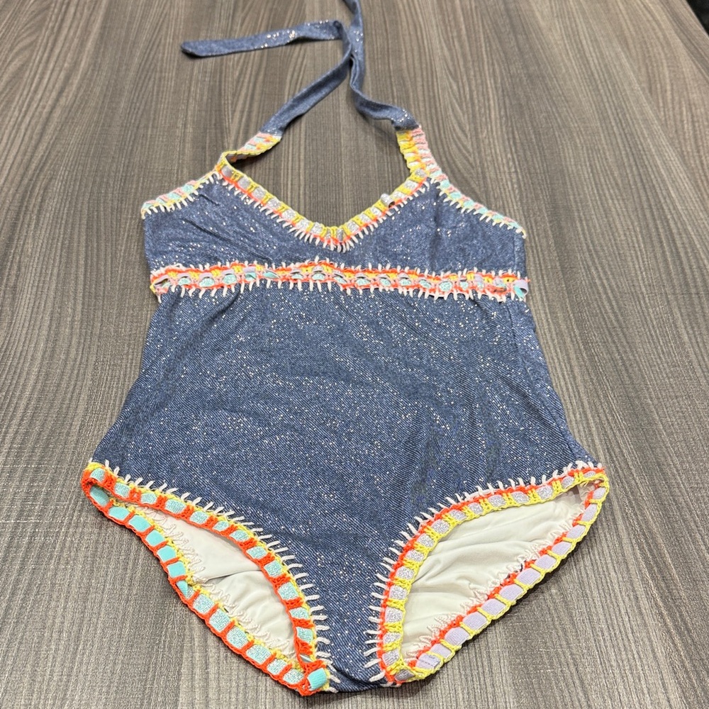 PQ Swim Sparkly Blue Kids One Piece with Colorful Trim